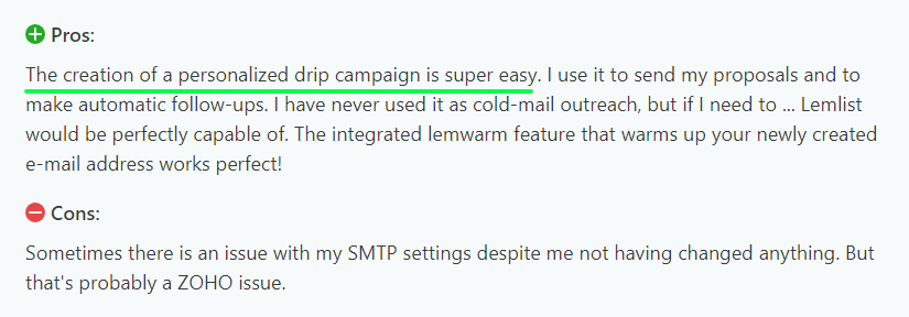 User review of Lemlist saying they could create personalized campaigns easily