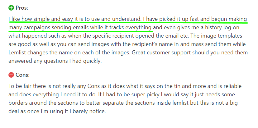 User review of Lemlist saying it was easy to set up