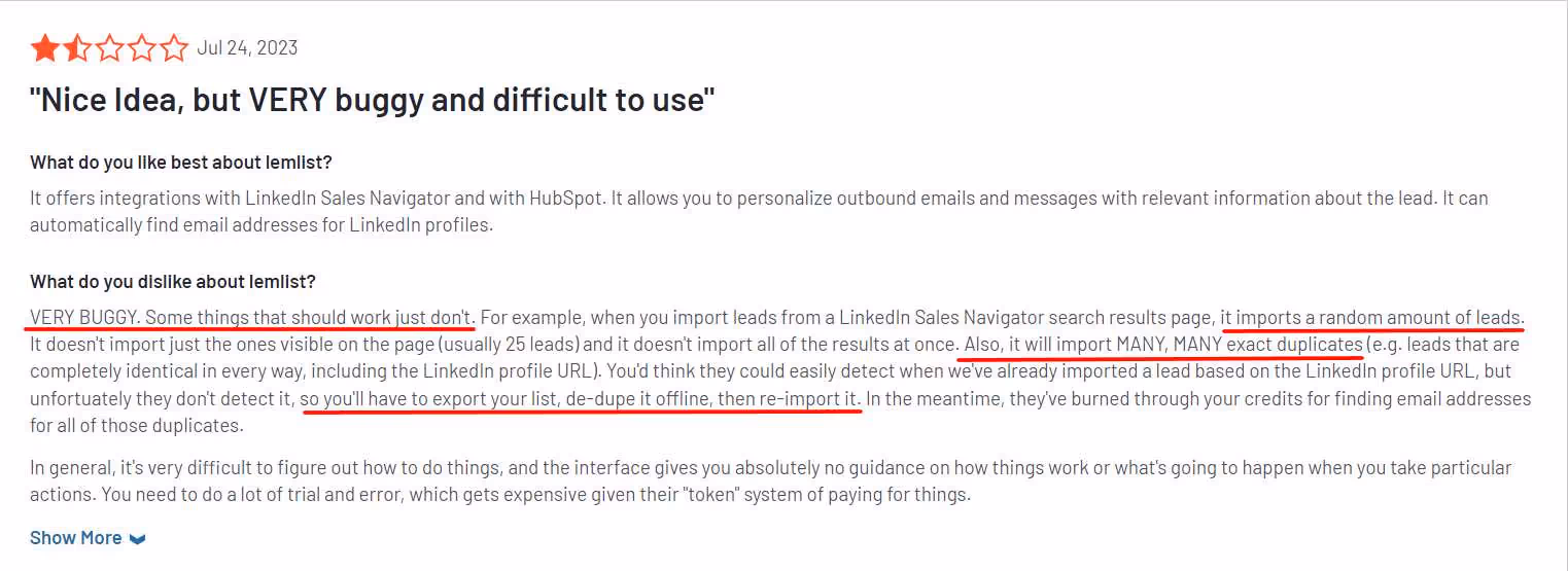 User review of Lemlist saying the platform is buggy