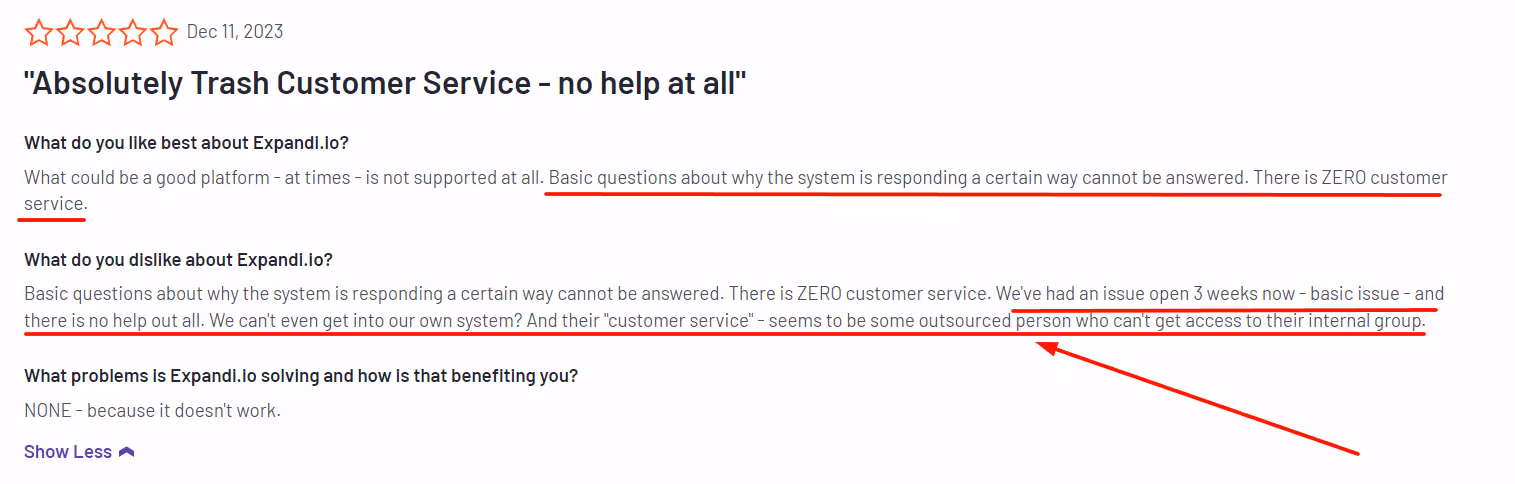 User review of Expandi.io saying the customer support is unhelpful
