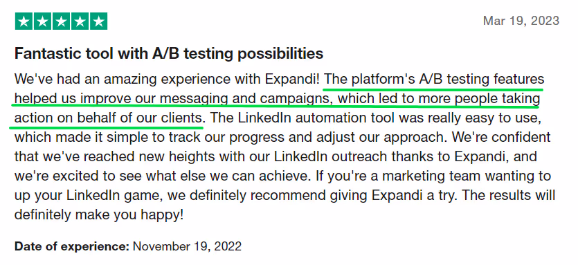 User review of Expandi.io saying they could A/B test their campaigns