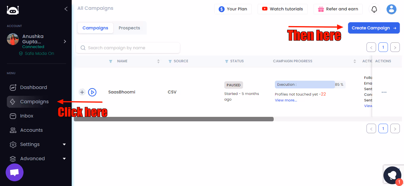 Campaigns page on SalesRobot