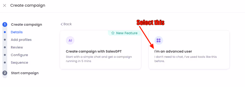 Options to create campaigns in SalesRobot