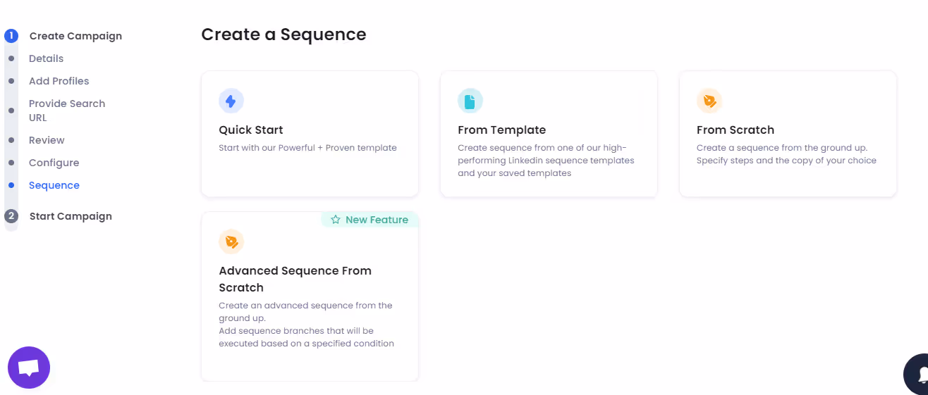Options to create a sequence for an automated campaign in SalesRobot