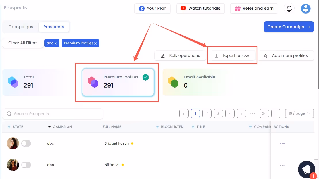 List of Premium profiles from the given search list in SalesRobot and option to export them as CSV