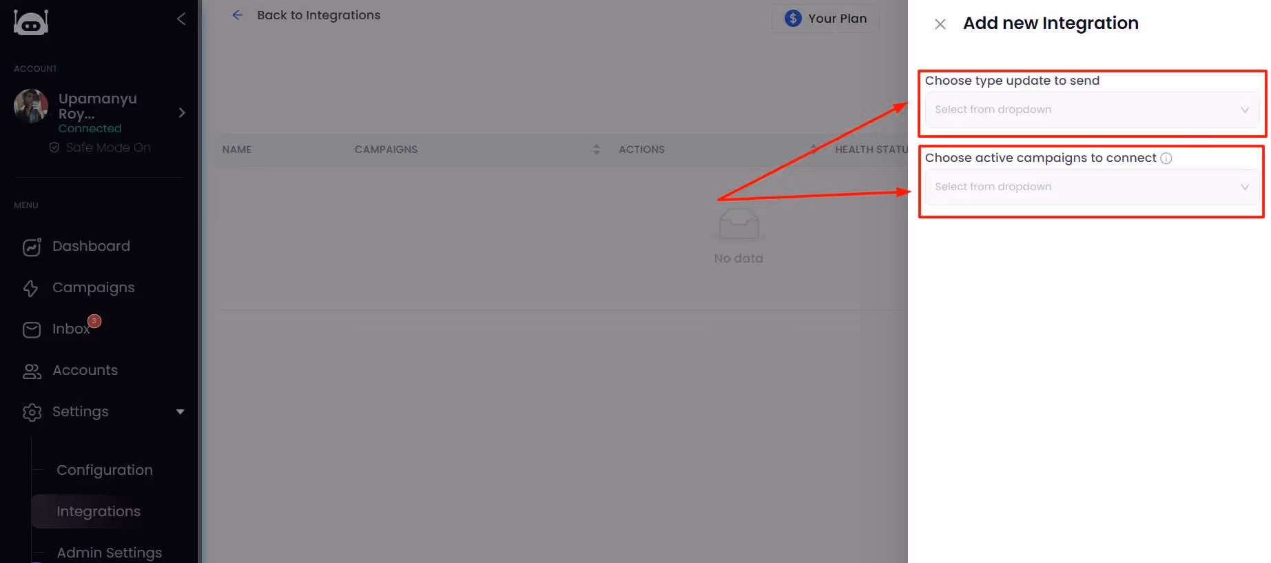 Options to add triggers and active campaigns