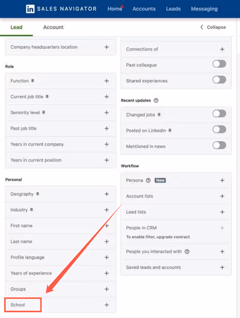 Sales Navigator filters to find alumni on LinkedIn