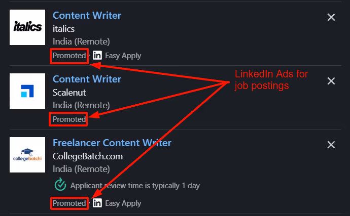 LinkedIn ads for job posting