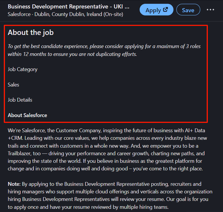 Job posting about section