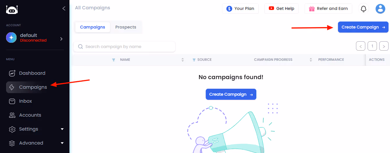 Campaigns page to create campaigns in SalesRobot