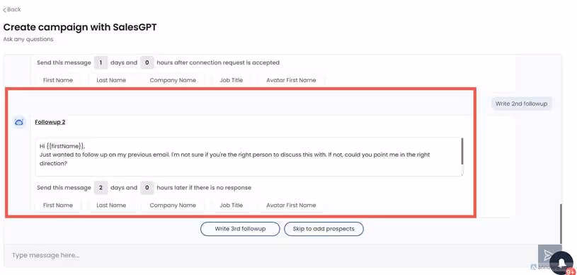 SalesRobot campaign creation using SalesGPT, second follow-up message.