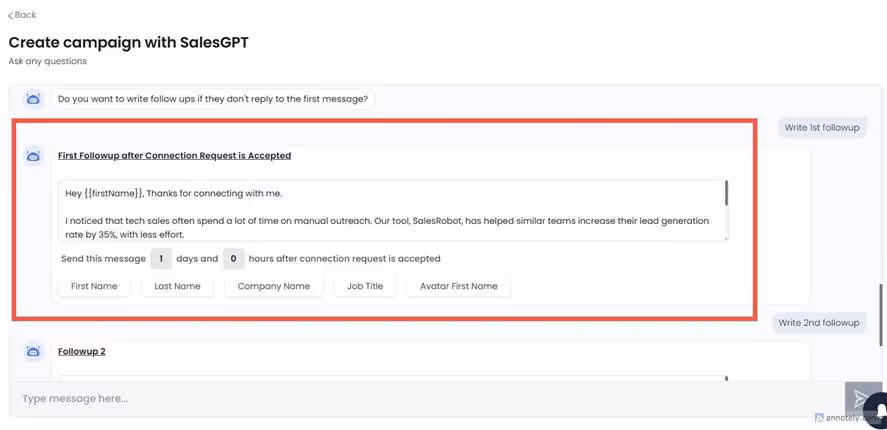 SalesRobot campaign creation using SalesGPT, first follow-up message.