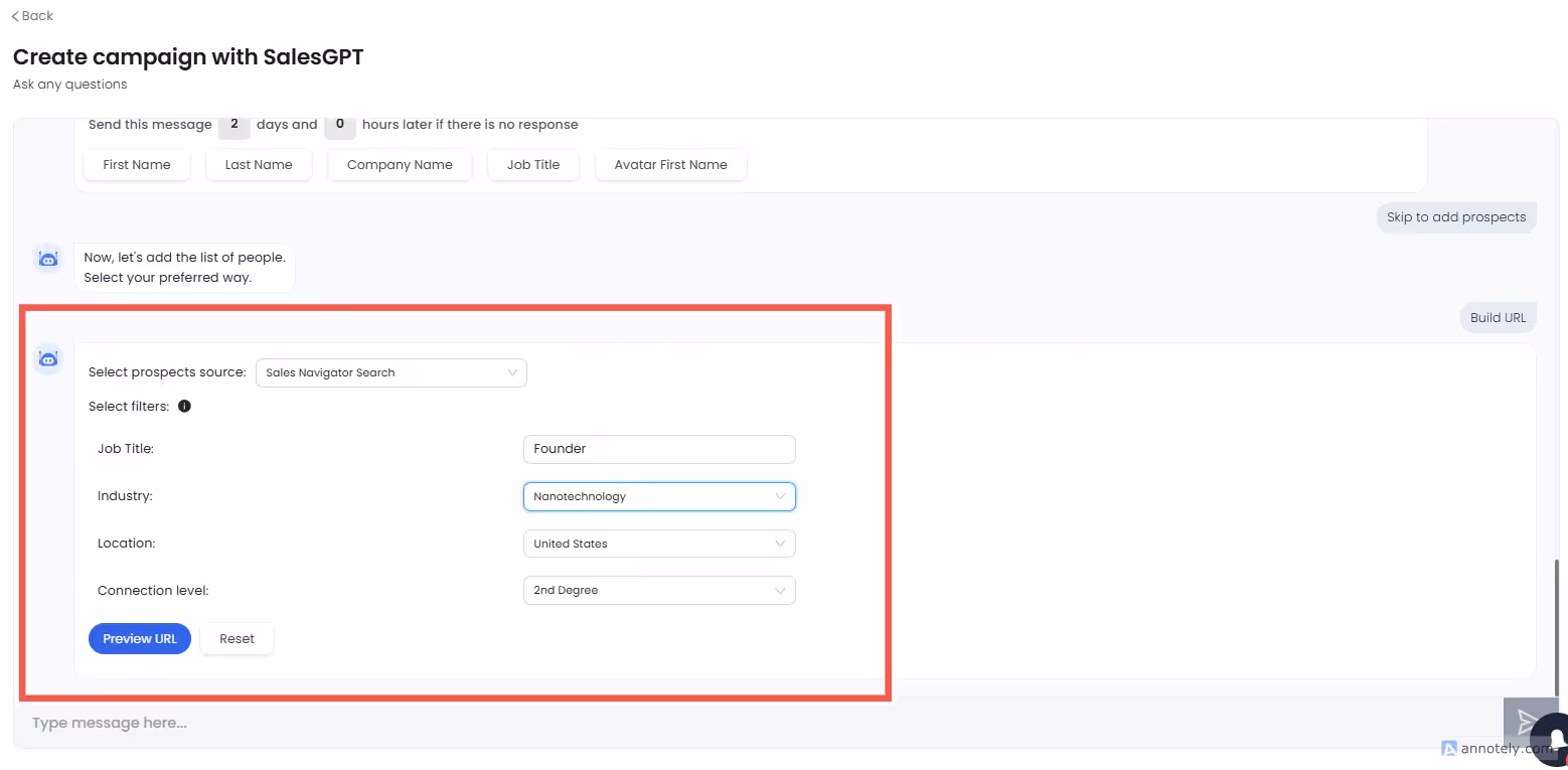 SalesRobot campaign creation using SalesGPT, filter selection.