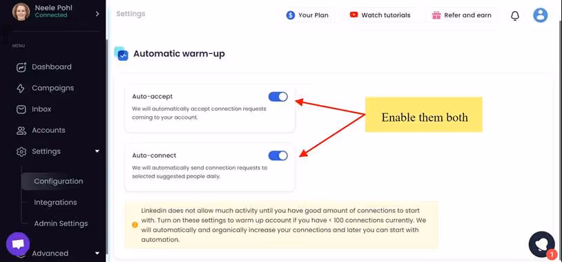 Automatic Warm-up settings within a software application, likely a social media automation tool like SalesRobot.