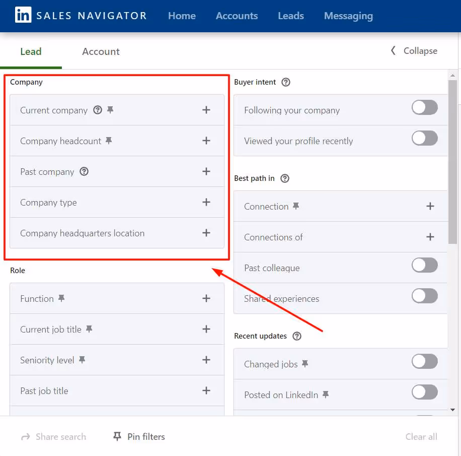 LinkedIn Sales Navigator Lead filters