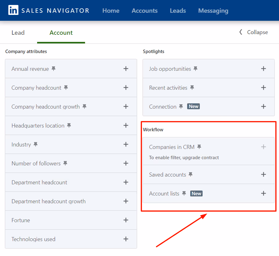 LinkedIn Sales Navigator Workflow filters