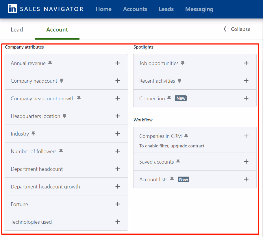 LinkedIn Sales Navigator Account filters