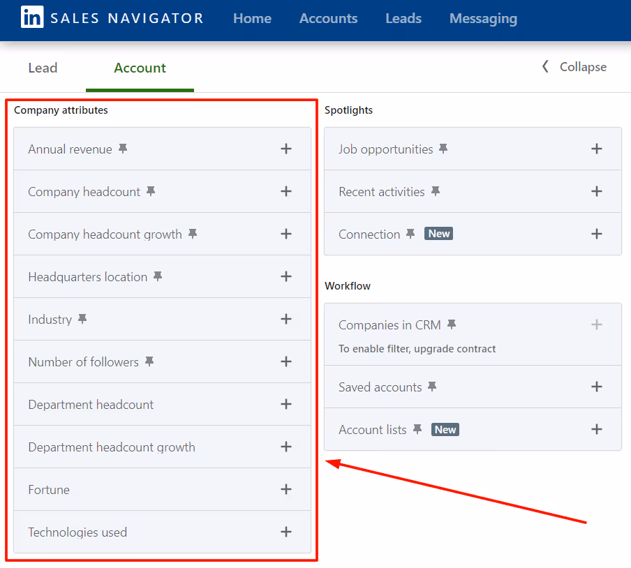 LinkedIn Sales Navigator Company Attributes filter