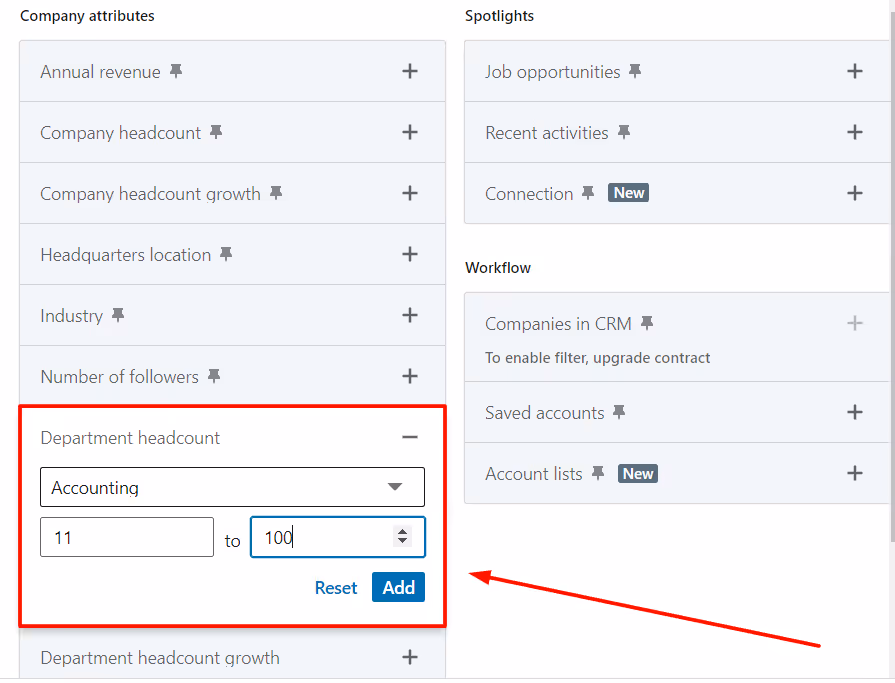 LinkedIn Sales Navigator Department Headcount filter