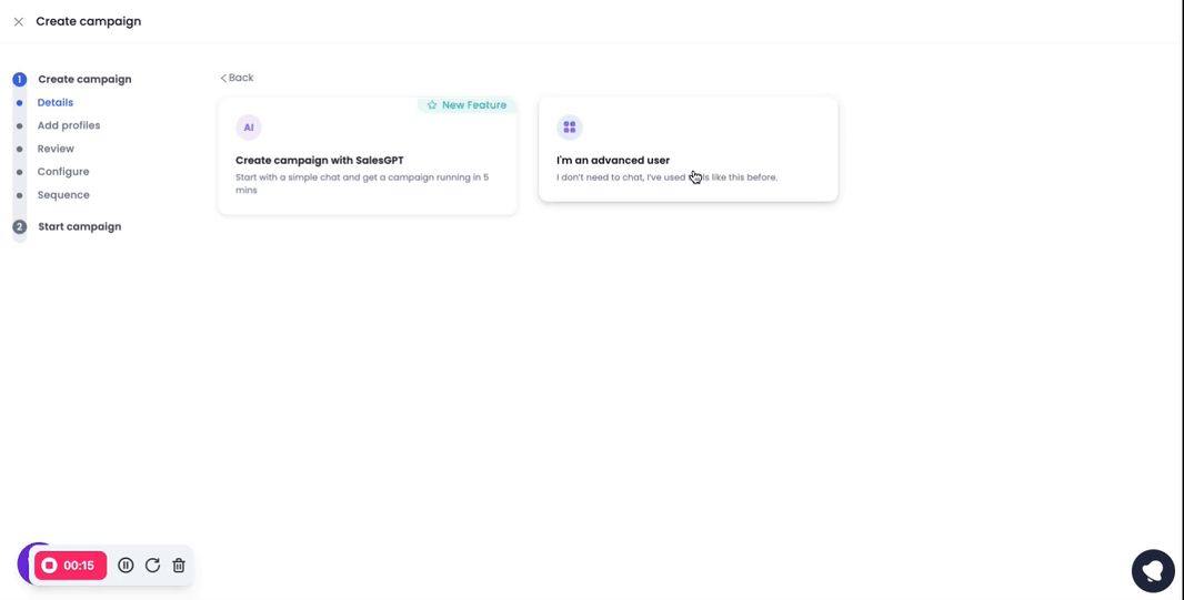 Screen recording tutorial gif of SalesRobot create campaign feature