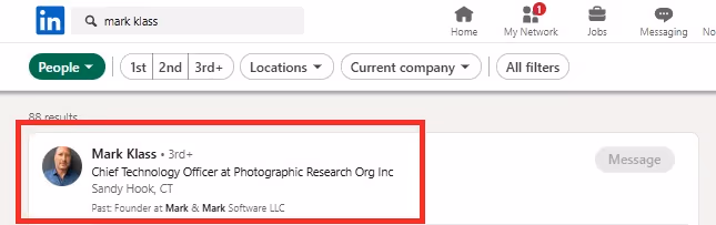 LinkedIn search results for Mark Klass.