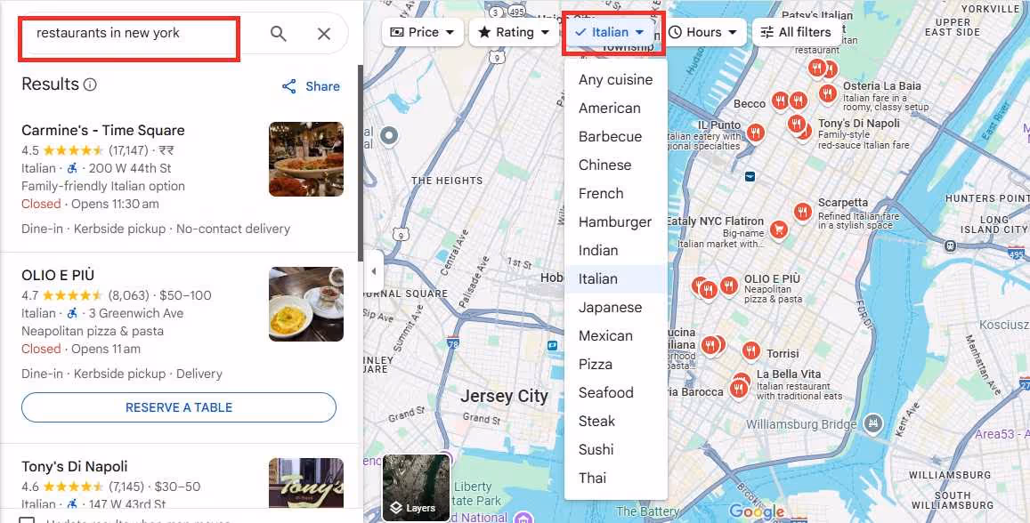 Google Maps search results for Italian restaurants in New York City.