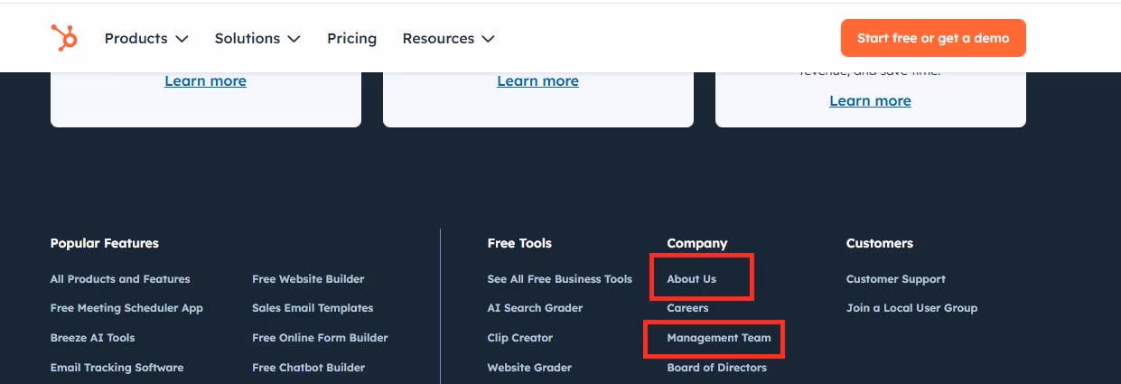 HubSpot website footer with the About Us and Management Team links highlighted.