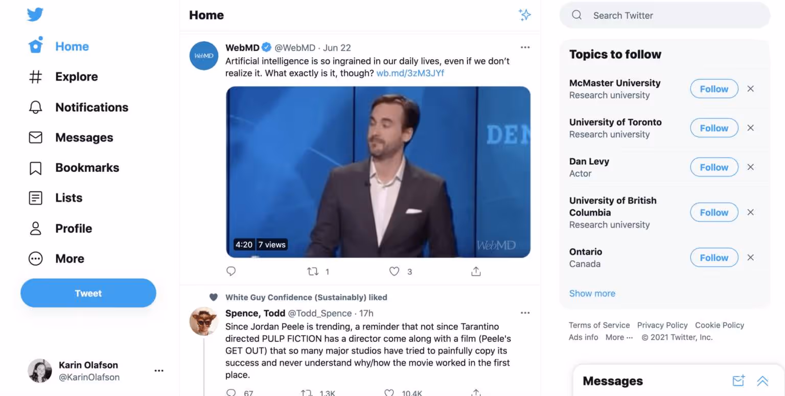 Twitter feed showing a WebMD tweet with a video and user comments.