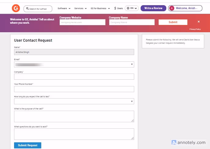 User contact request form on G2 website.