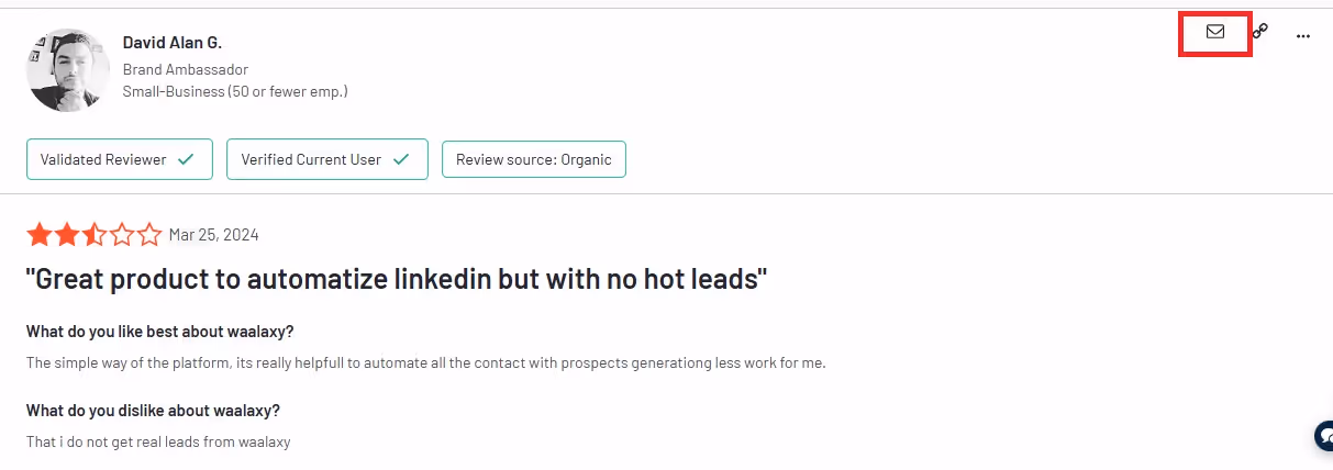 A customer review on a website with an email icon highlighted.