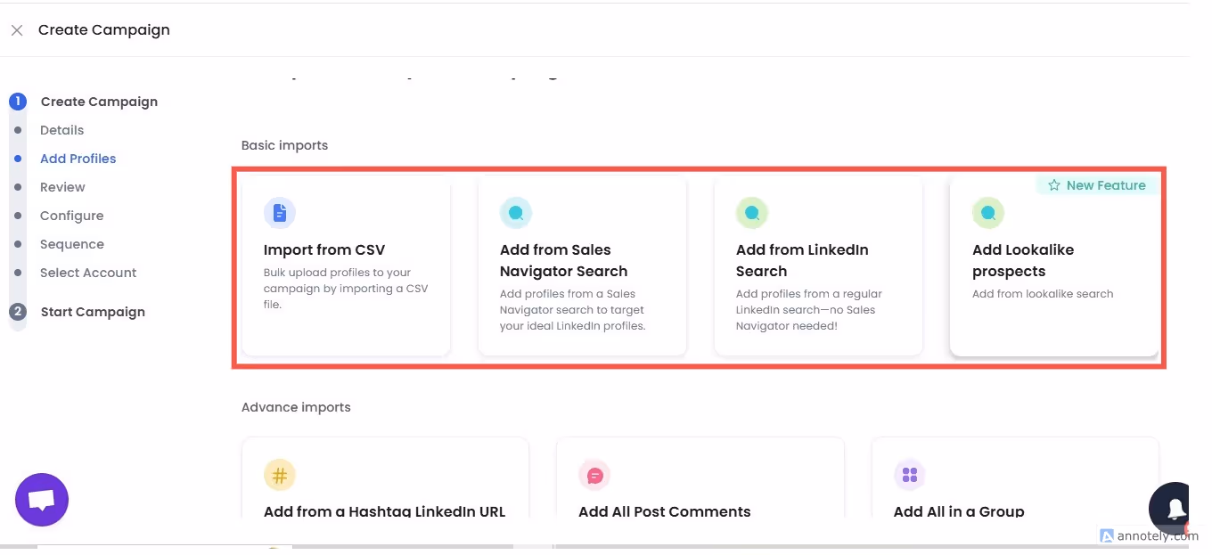 Create campaign page with different import options.
