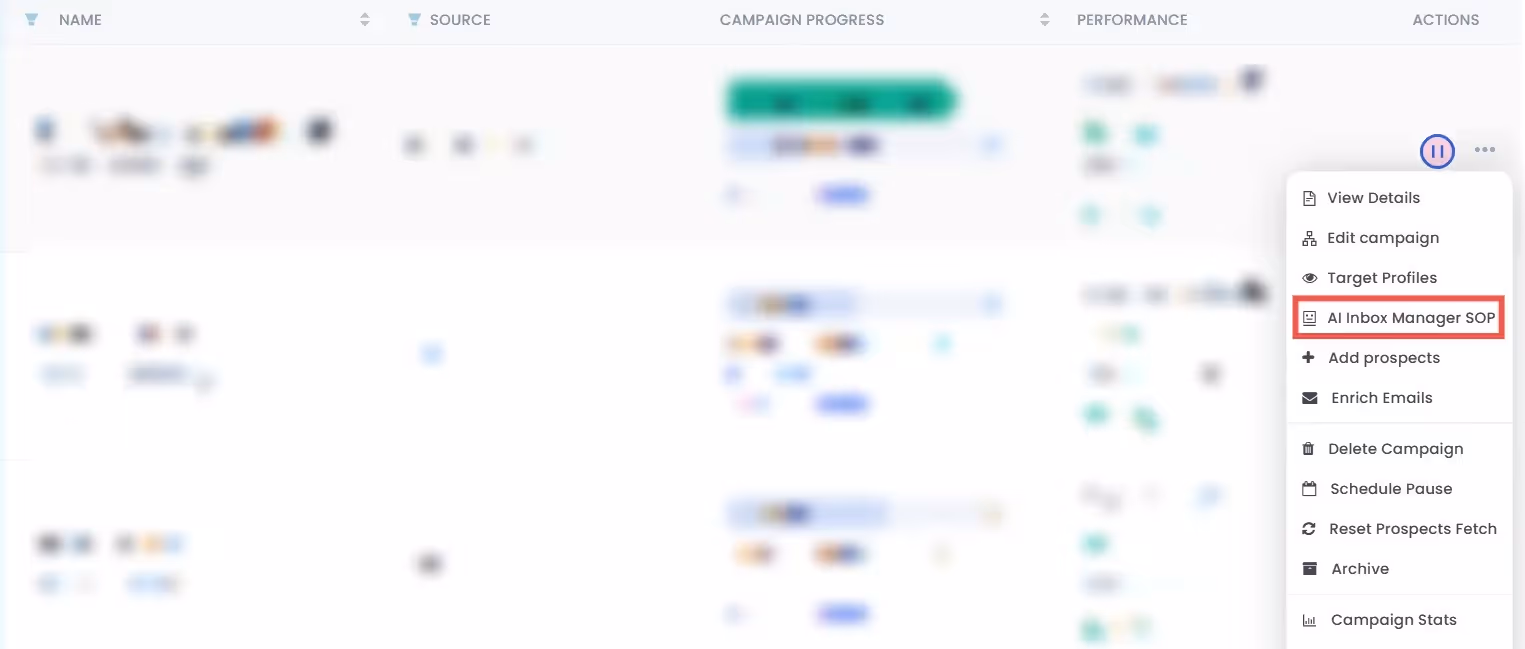 Campaign management options: view details, edit campaign, target profiles, AI inbox manager SOP, add prospects, enrich emails, delete campaign, schedule pause, reset prospects fetch, archive campaign, campaign stats.