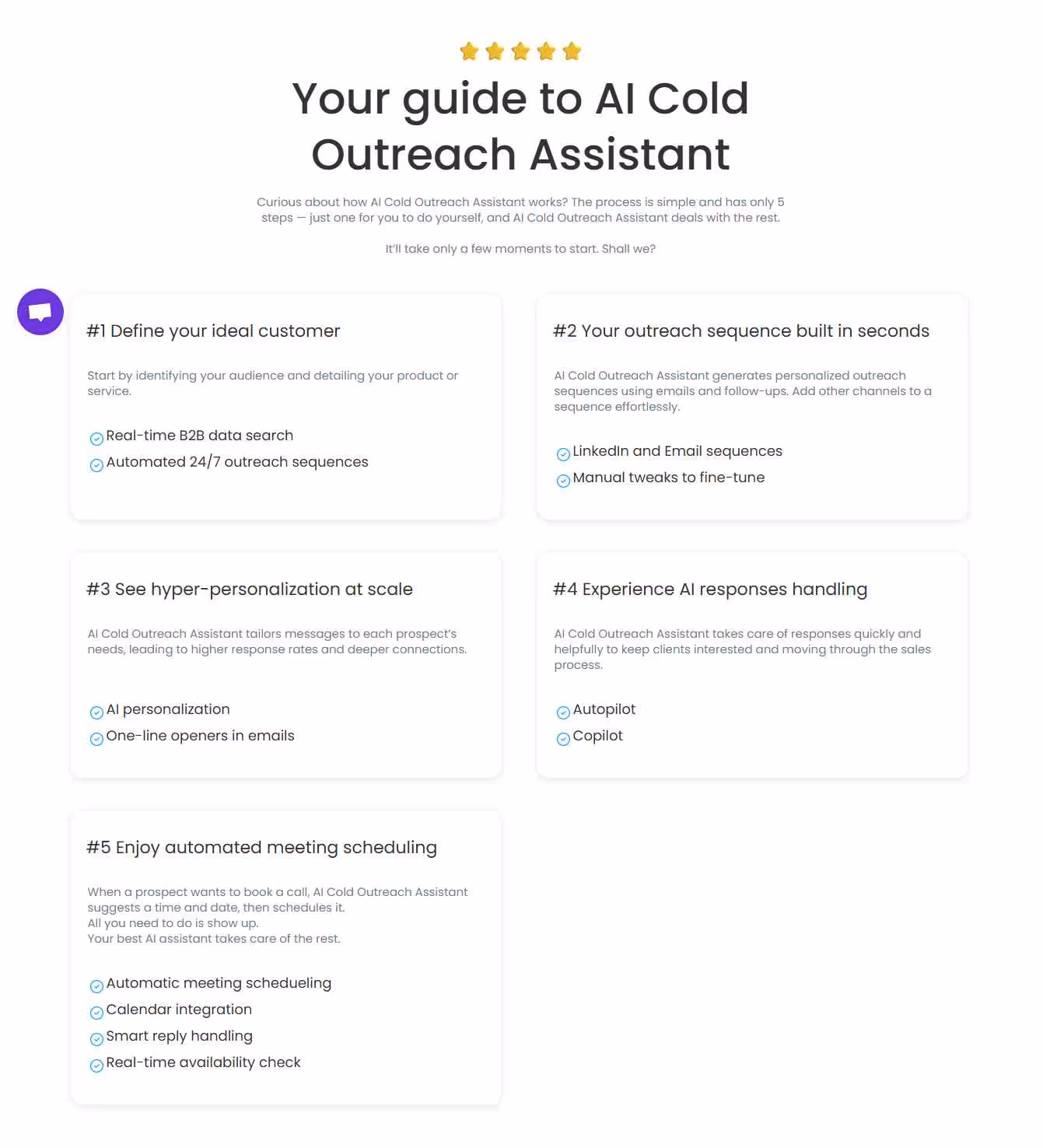 Your guide to AI Cold Outreach Assistant: define your ideal customer, build outreach sequence, see hyper-personalization, experience AI response handling, enjoy automated meeting scheduling.