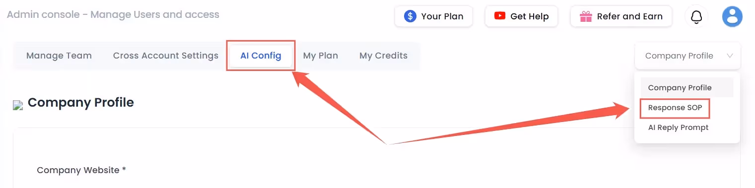 Screenshot of AI Config button and Company Profile menu with options for Company Profile, Response SOP, and AI Reply Prompt.