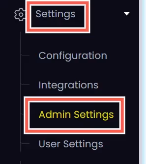 Settings menu with options for Configuration, Integrations, Admin Settings, and User Settings.