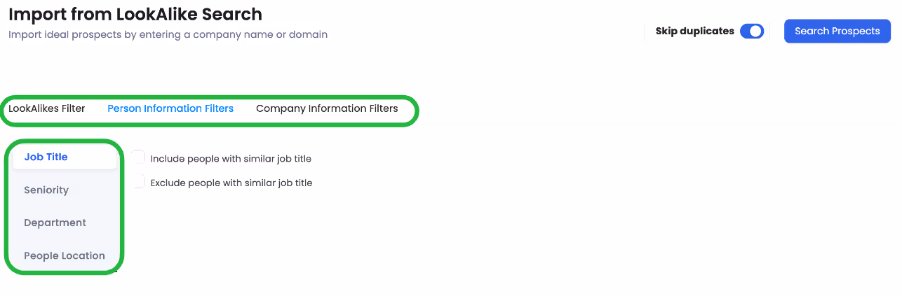 Screenshot of prospect search filters.