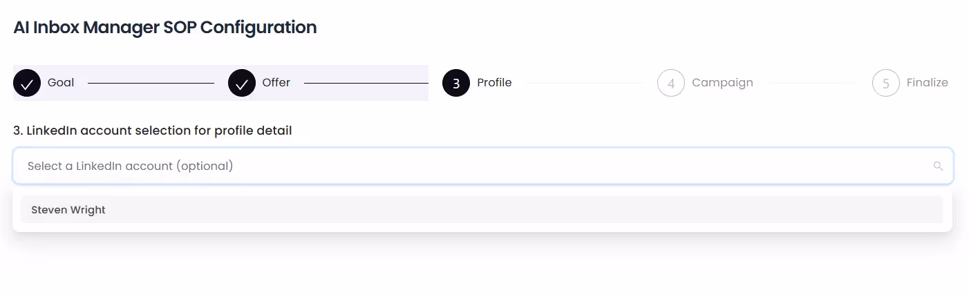 Third step of the AI Inbox Manager SOP Configuration: Profile, which involves selecting a LinkedIn account.