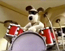 A cartoon dog with sunglasses plays the drums.