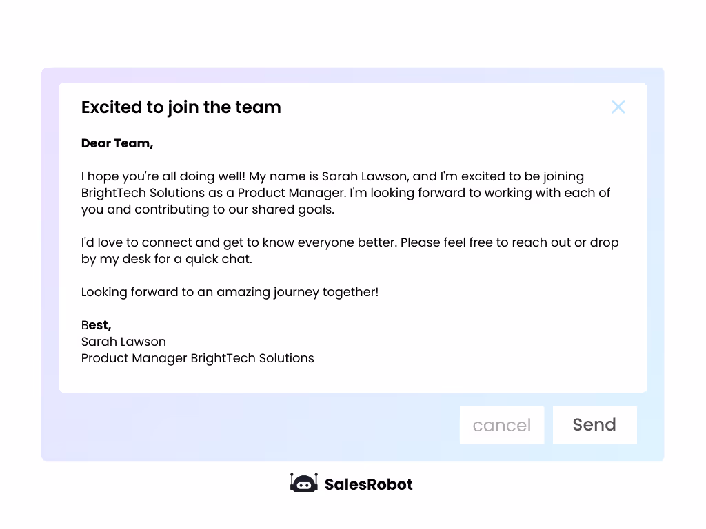 Email: Excited to join the team from Sarah Lawson at BrightTech Solutions.