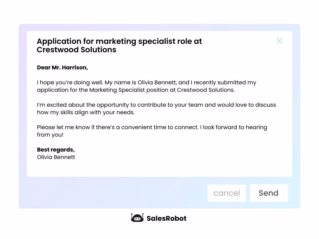 Email: Application for marketing specialist role at Crestwood Solutions from Olivia Bennett.