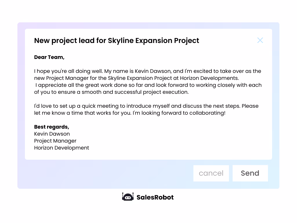 Email: New project lead for Skyline Expansion Project from Kevin Dawson at Horizon Developments.