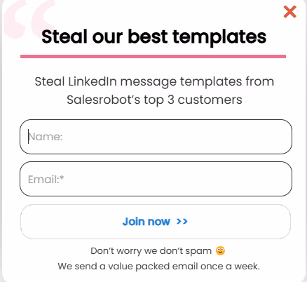 A popup form to steal templates by entering name and email.