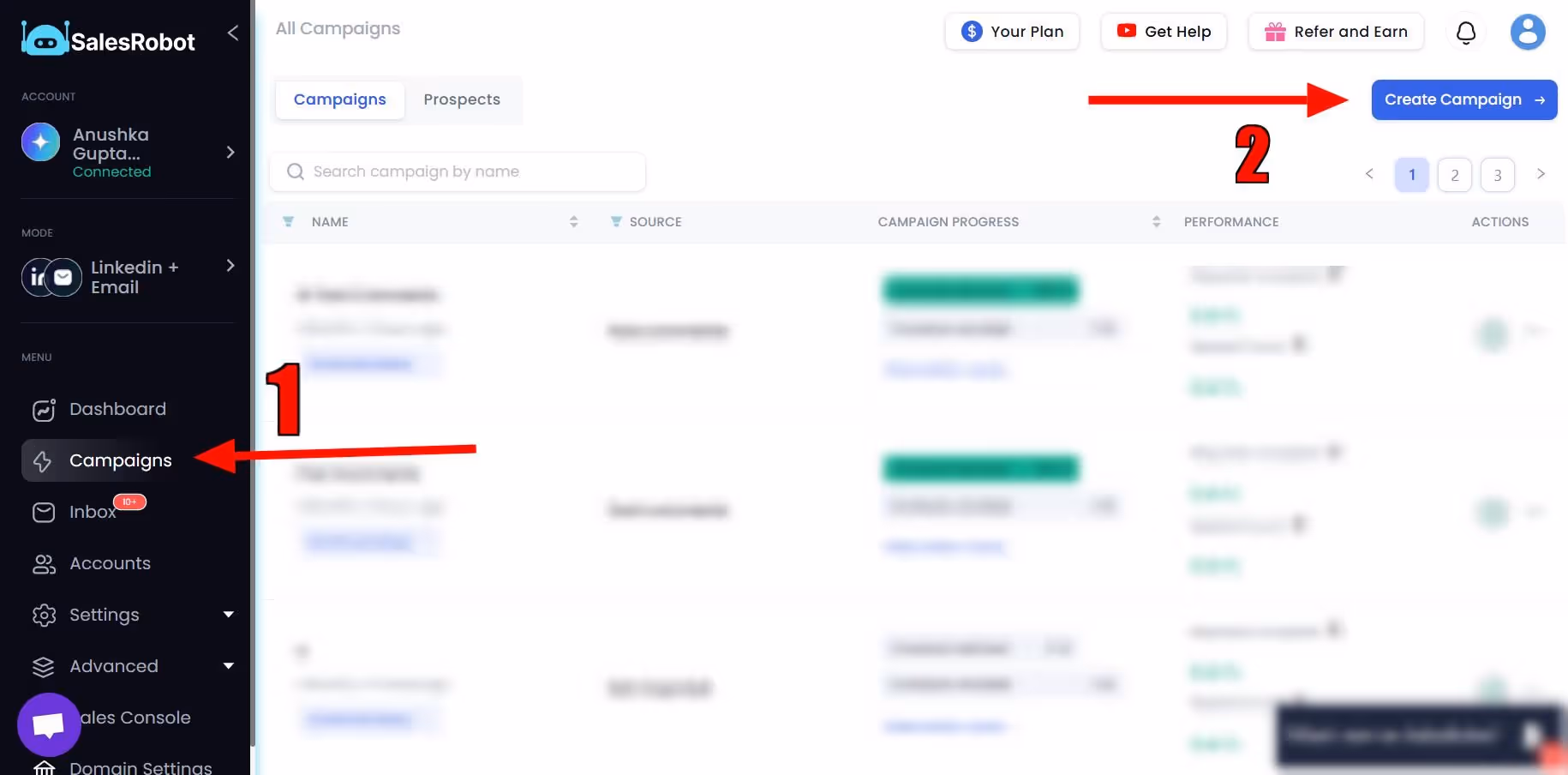 SalesRobot campaign creation process with numbered steps.