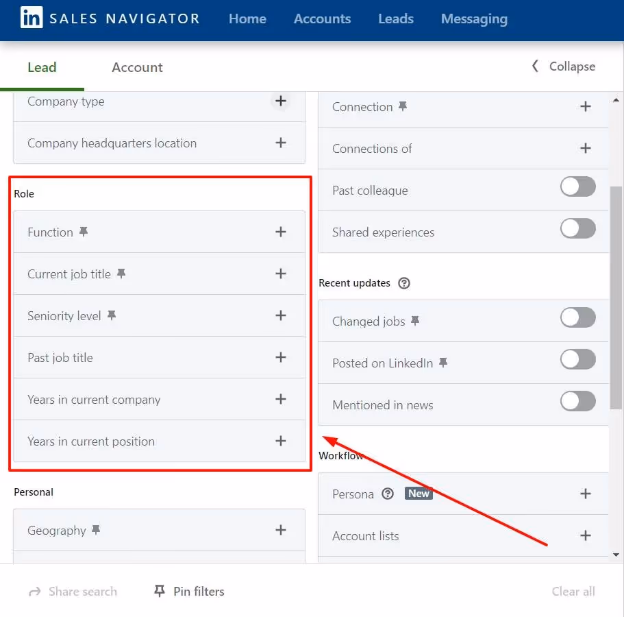 Sales Navigator filters for leads