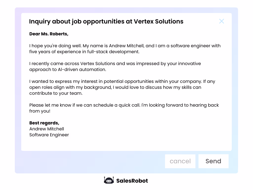 Email inquiring about job opportunities at Vertex Solutions.