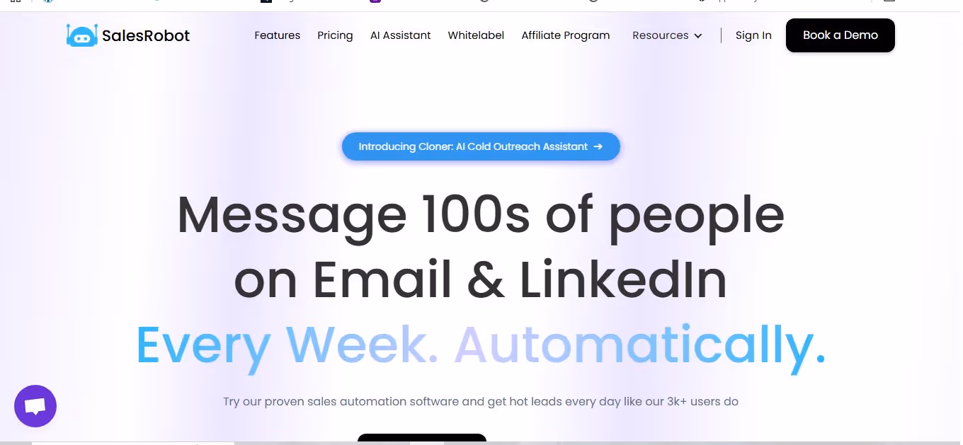 SalesRobot landing page with the headline 'Message 100s of people on Email & LinkedIn Every Week. Automatically.'