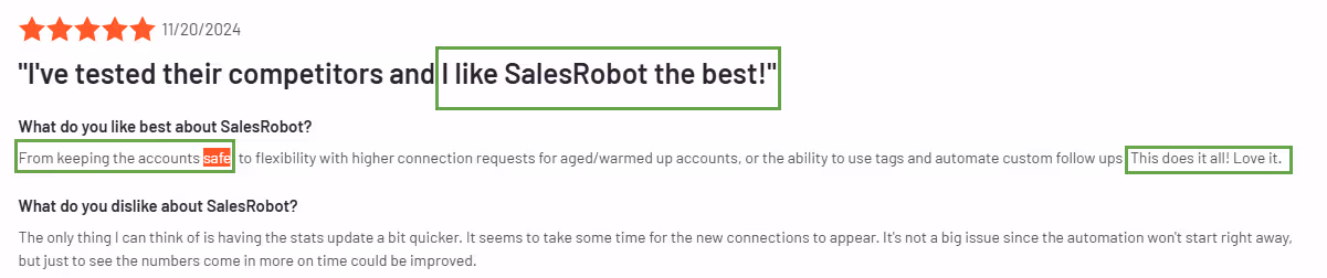 SalesRobot review: Five stars, user loves SalesRobot.