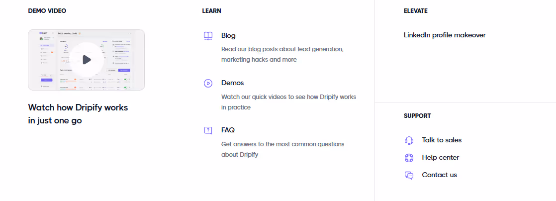 Dripify demo video, blog posts, and FAQs