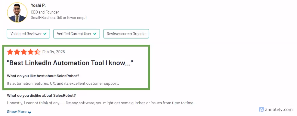 Five-star SalesRobot review by Yoshi P., CEO and Founder.