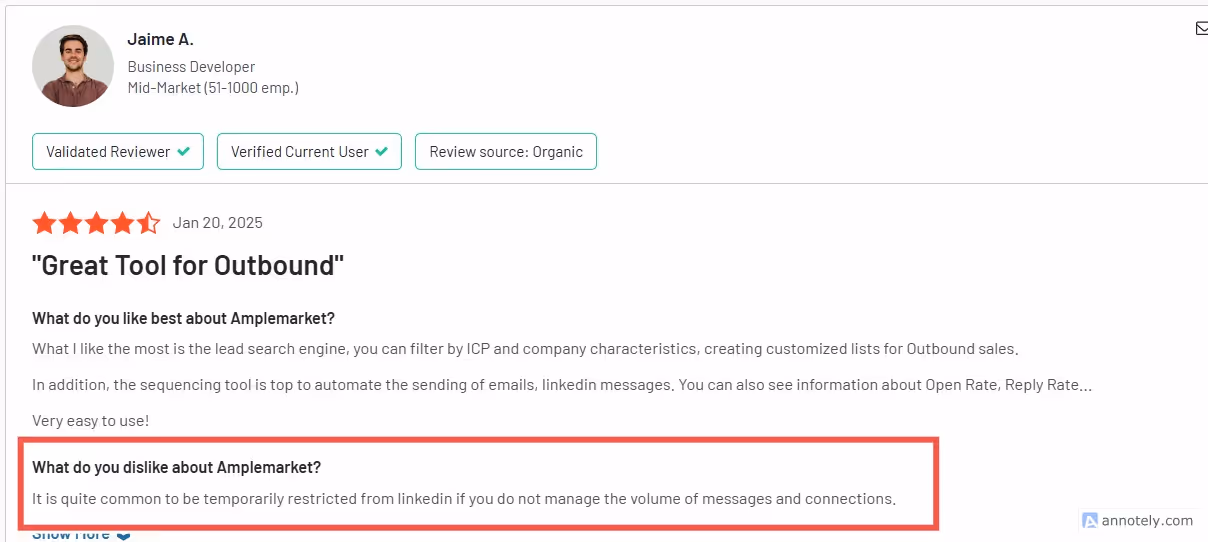 Positive review of Amplemarket highlighting its ease of use and lead search capabilities.